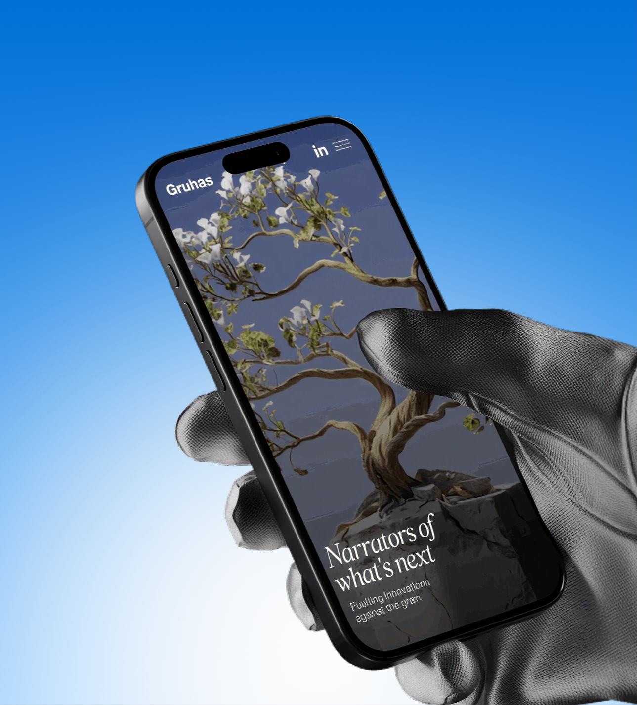 Gruhas mobile site on a phone held in a gloved hand, open on the Narrators of what's next page.