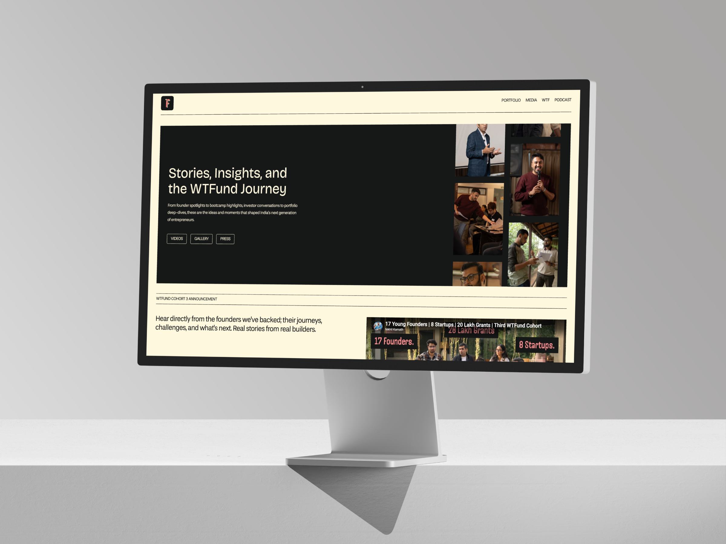 WTFund website on a studio display, open on the Stories, Insights, and the WTFund Journey page.